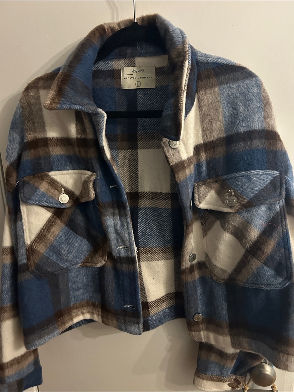 Cropped Blue Plaid Shacket Jacket large